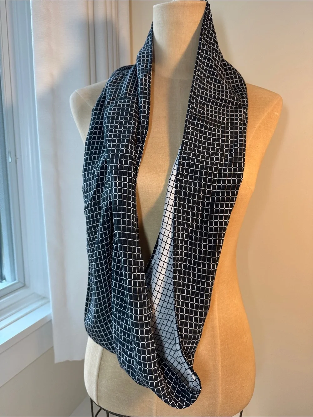 J. Jill black and white windowpane reversible Silk infinity scarf.